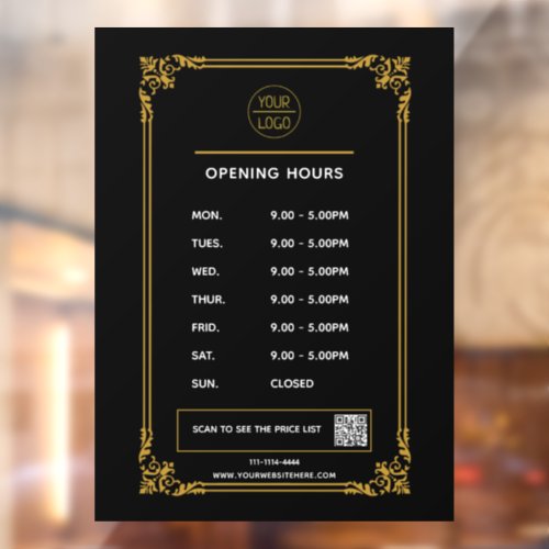 White Business opening hours logo and qr code Wind Window Cling