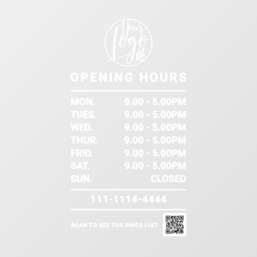 White Business opening hours logo and qr code Window Cling | Zazzle