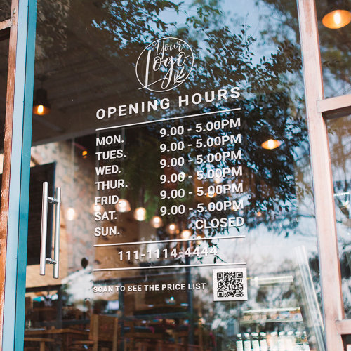 White Business opening hours logo and qr code Window Cling