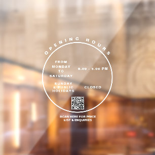 White Business Opening Hours Round Modern Script Window Cling