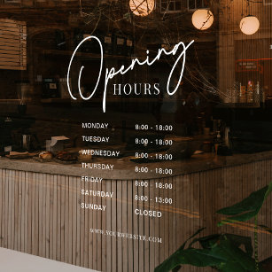 White Business Opening Hours Simple Modern Script Window Cling