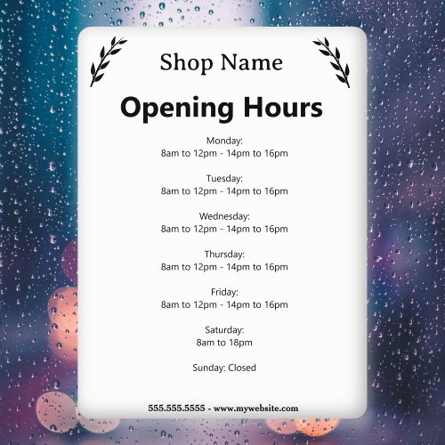 White Business Opening Hours Window Cling
