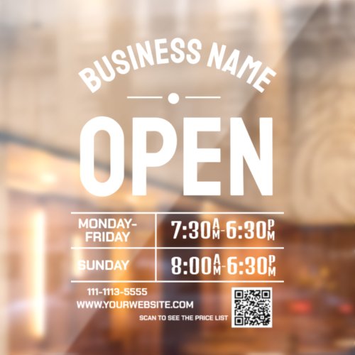 White Business Opening Times and QR Code  Window Cling