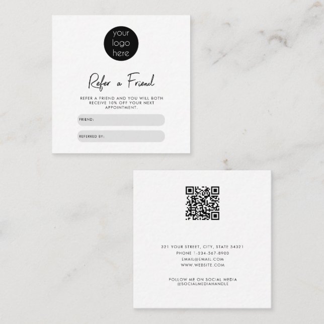 White Business Refer A Friend Referral Loyalty Square Business Card (Front/Back)