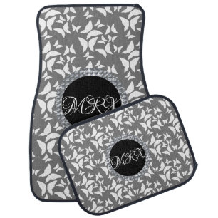 White Butterflies and Faux Diamond Name Car Floor Mat