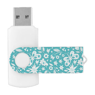 White Butterflies And Flowers On Aqua Flash Drive