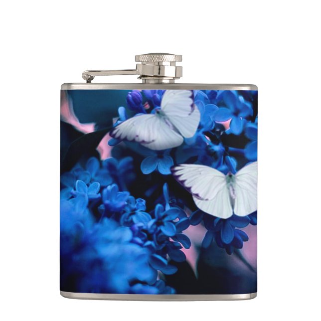 White Butterflies Blue Flowers, butterfly Flask (Front)