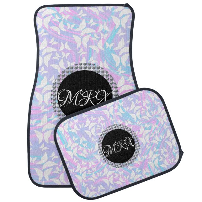 White Butterflies Faux Diamond Pastel Name  Car Floor Mat (Set)