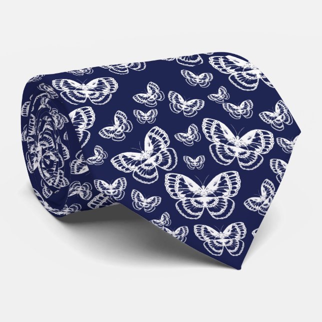 White Butterflies on Blue Neck Tie (Rolled)