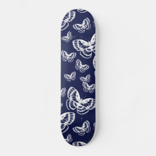 White Butterflies on Blue Pattern Skateboard