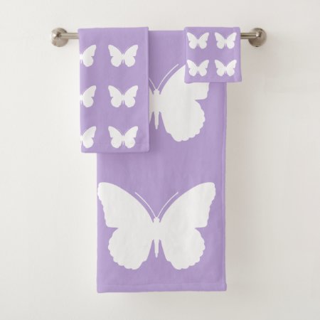 White Butterflies On Cottage Lavender Bath Towel Set