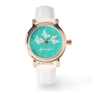 White Butterflies On Turquoise And Custom Name Watch