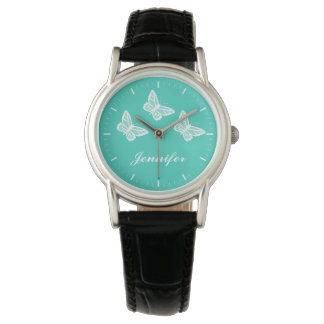 White Butterflies On Turquoise And Custom Name Wrist Watch
