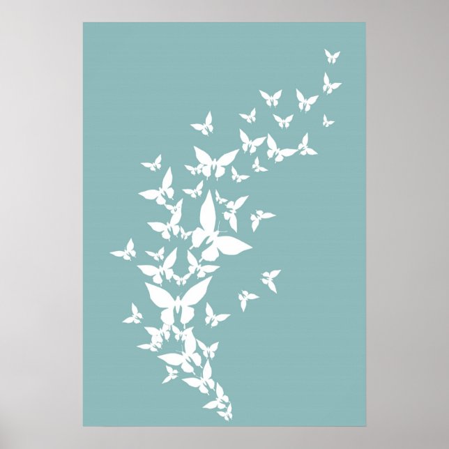 White Butterflies on Turquoise Poster (Front)