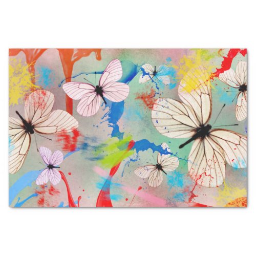 White Butterflies Paint Drips and Brush Strokes Tissue Paper