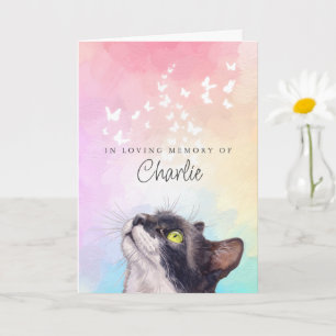 White Butterflies Rainbow Tuxedo Cat Loss Memorial Card