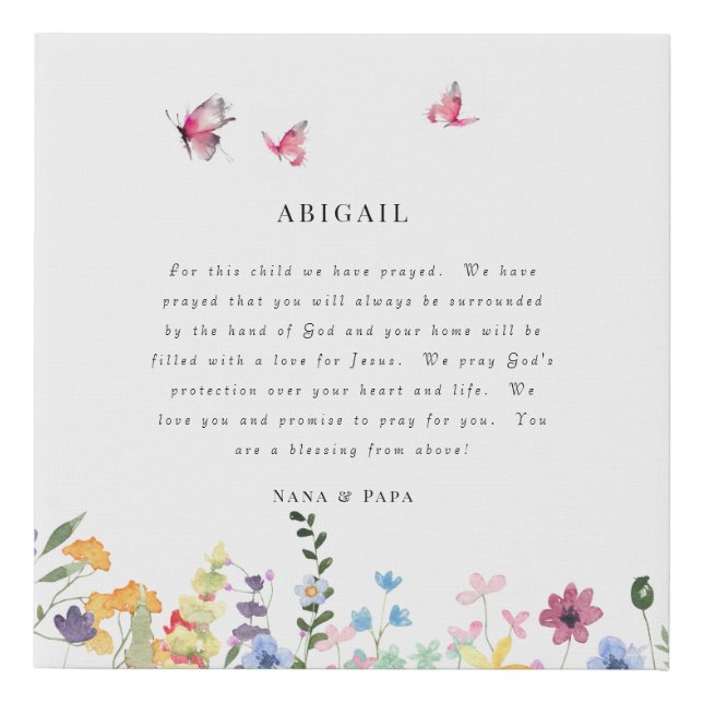 White Butterflies & Wildflowers Prayer for Child  Faux Canvas Print (Front)
