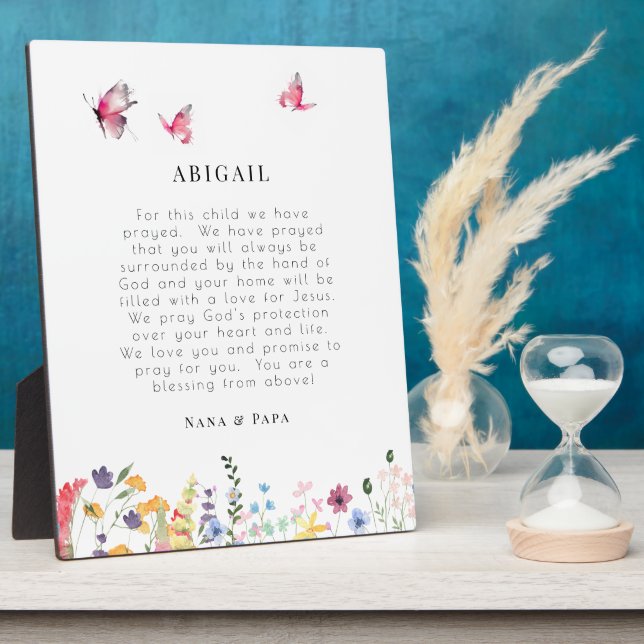 White Butterflies & Wildflowers Prayer for Child  Plaque (Side)