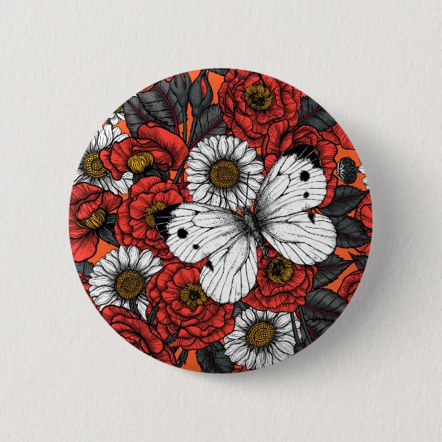 White butterfly and roses button (Front)