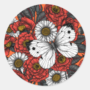 White butterfly and roses classic round sticker