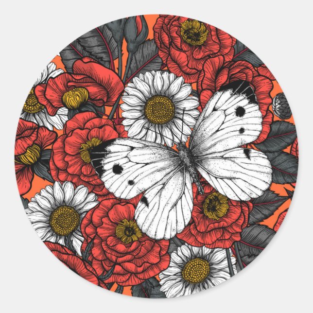 White butterfly and roses classic round sticker (Front)