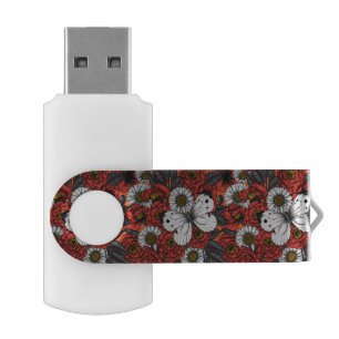 White butterfly and roses flash drive