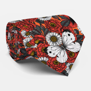 White butterfly and roses neck tie