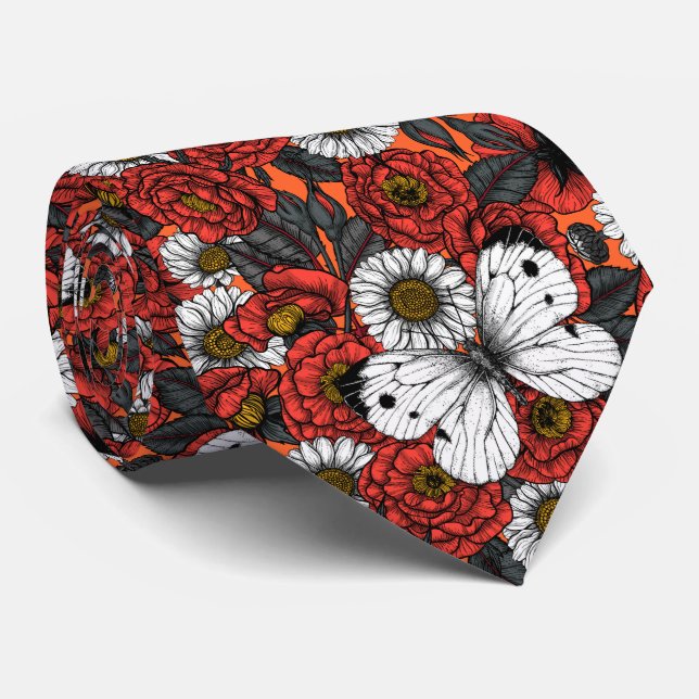 White butterfly and roses neck tie (Rolled)