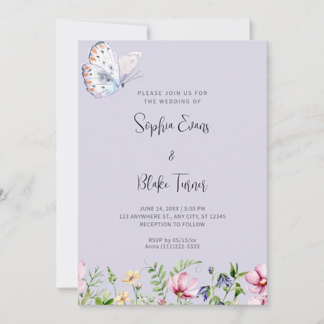 White Butterfly and Wildflowers Periwinkle Wedding Invitation (Front)