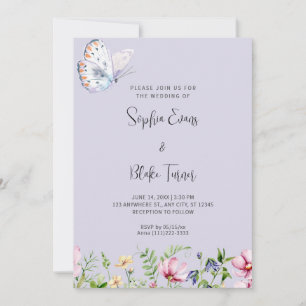 White Butterfly and Wildflowers Periwinkle Wedding Invitation