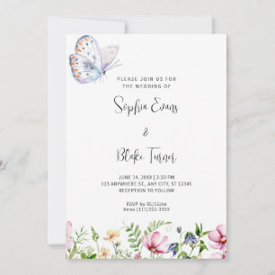 White Butterfly and Wildflowers White Wedding Invitation