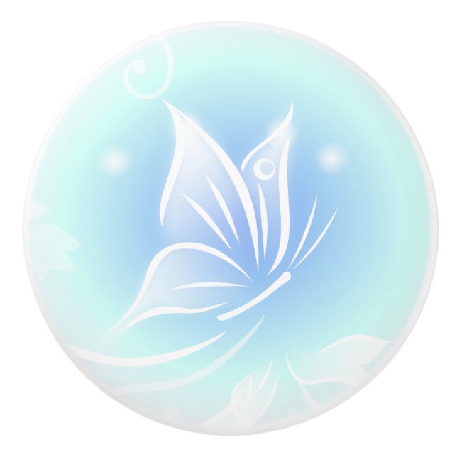 White Butterfly Blue Pretty Ceramic Knob (Front)