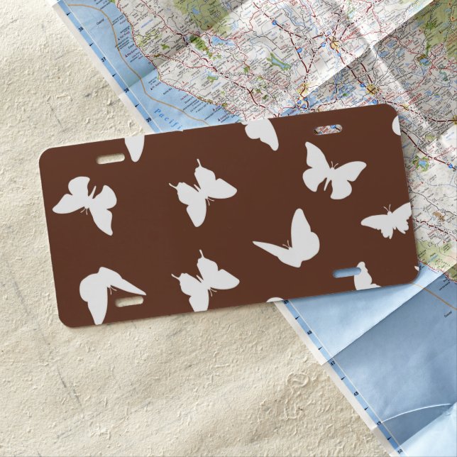 White Butterfly Brown Background Cute Aesthetic License Plate (In Situ)