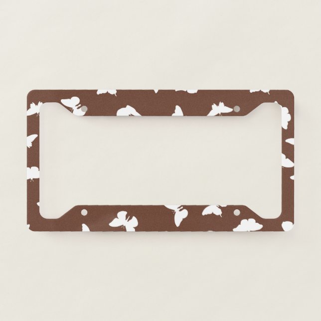 White Butterfly Brown Background Cute Aesthetic License Plate Frame (Front)