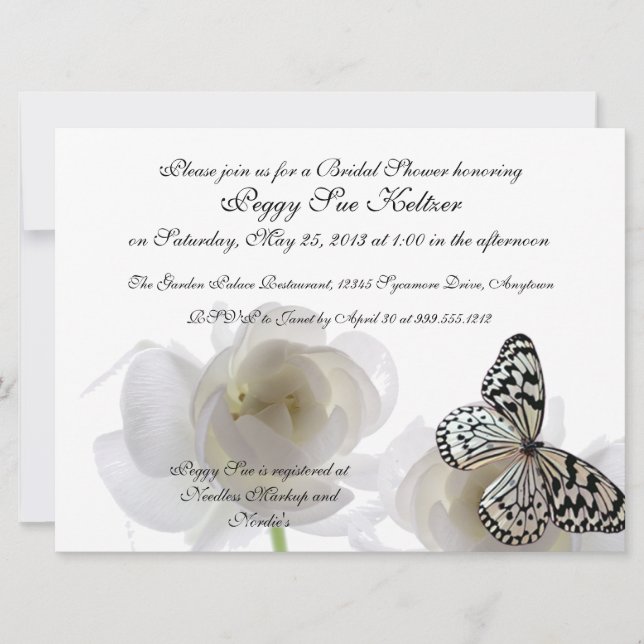 White Butterfly Custom Bridal Shower Invitations (Front)