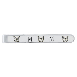 White Butterfly Design Monogrammed Silver Finish Tie Bar