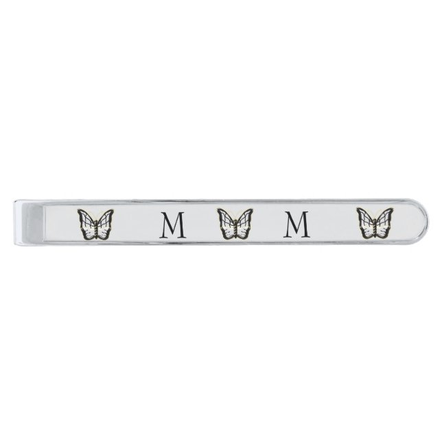 White Butterfly Design Monogrammed Silver Finish Tie Bar (Front)