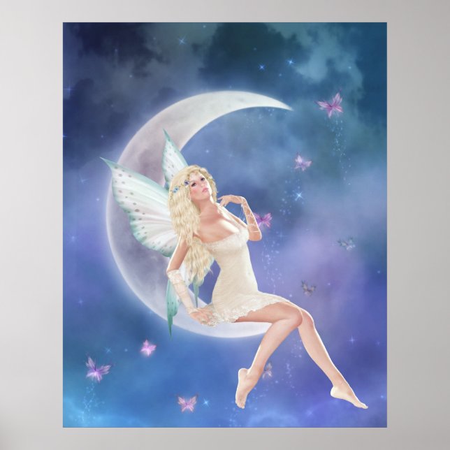 White Butterfly Fairy Moon Poster Print (Front)