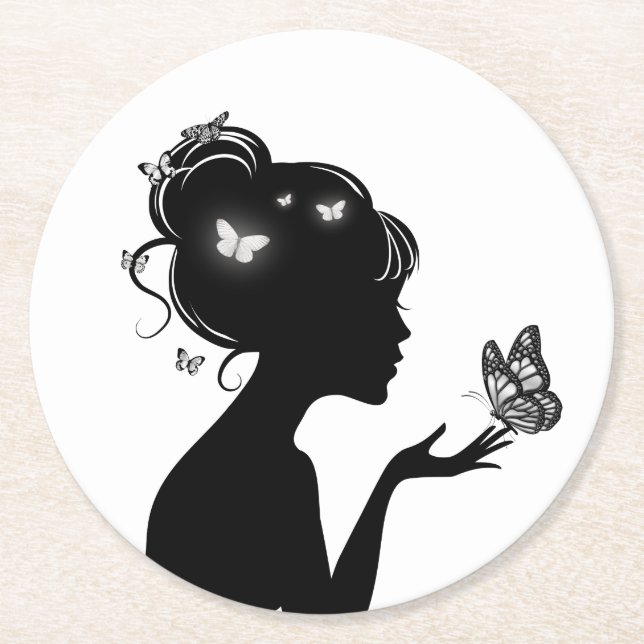 White Butterfly Female Paper Undercoat Round Paper Coaster (Front)