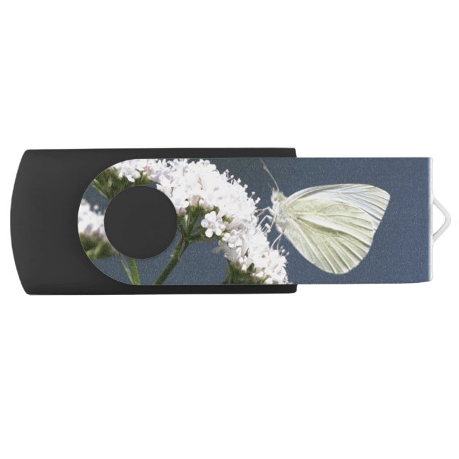 White Butterfly On Flowers Flash Drive (Front)