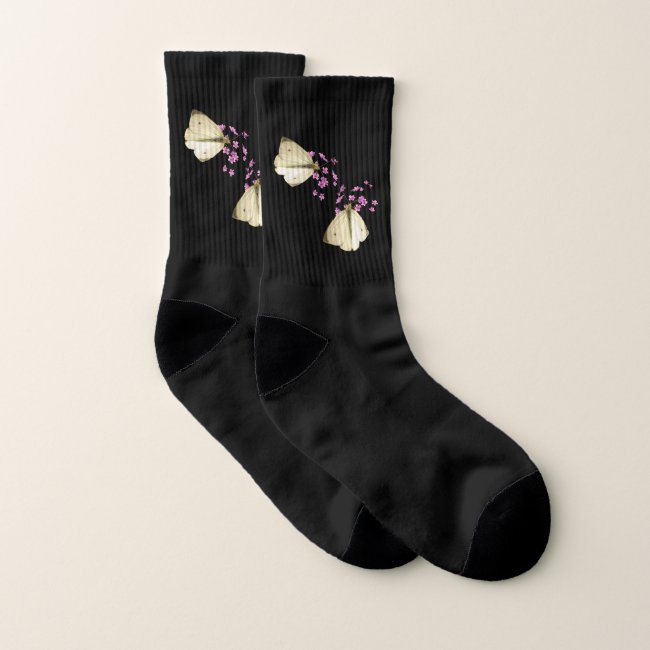 White Butterfly on Pink Flowers Floral Socks