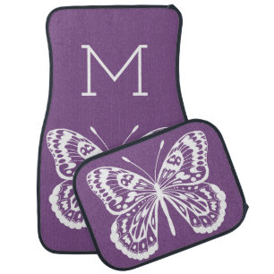 White Butterfly Outline & Monogram Letter Car Floor Mat
