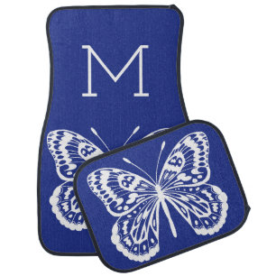 White Butterfly Outline & Monogram Letter Car Floor Mat