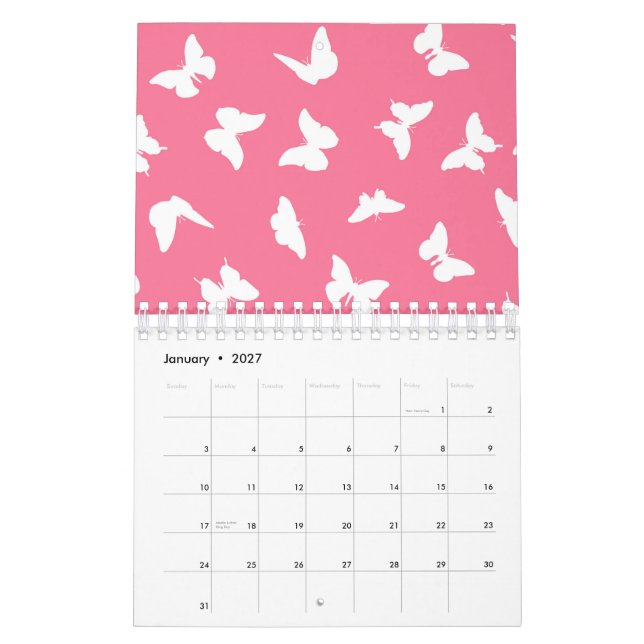 White Butterfly Pink Background Esthetic Pattern Calendar (Jan 2027)
