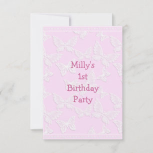White Butterfly Pretty Pink 1st Birthday Party Invitation