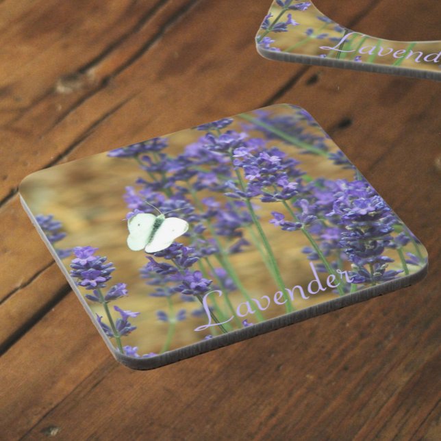 White Cabbage Butterfly on Lavender Floral Beverage Coaster (In Situ)
