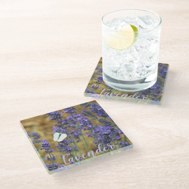 White Cabbage Butterfly on Lavender Floral Glass Coaster (Angled)