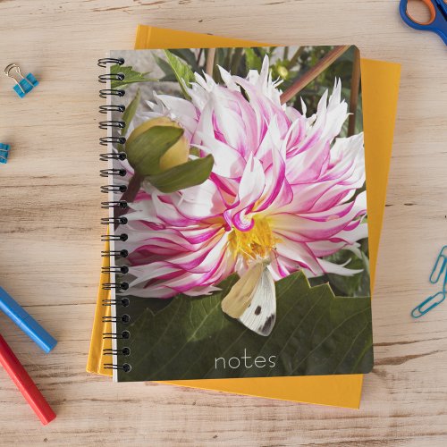 White Cabbage Butterfly on Pink Dahlia Floral Notebook