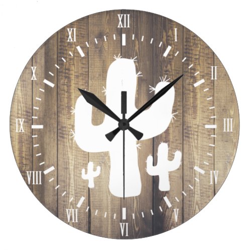 White Cactus &amp; Faux Wood Large Clock