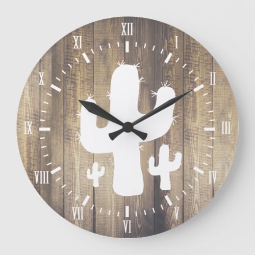 White Cactus  Faux Wood Large Clock